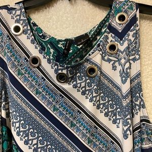 Very comfy flowing blue, teal, cream sleeveless blouse